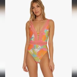 Nwt Trina Turk Playa De Flor Plunge One Piece Swimsuit, Multi, 14